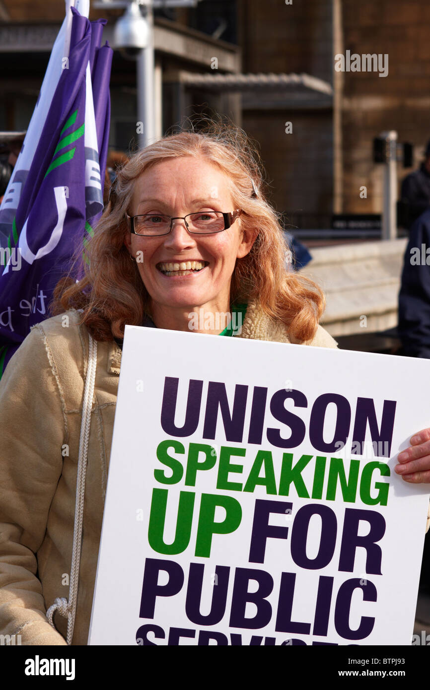 Unite member with a placard supporting public services Stock Photo