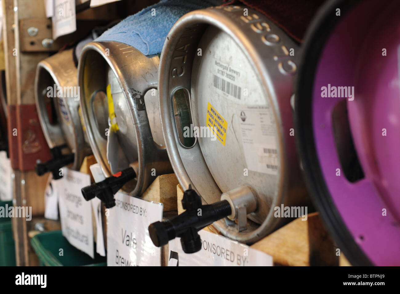 Beer Kegs at beer festival Stock Photo