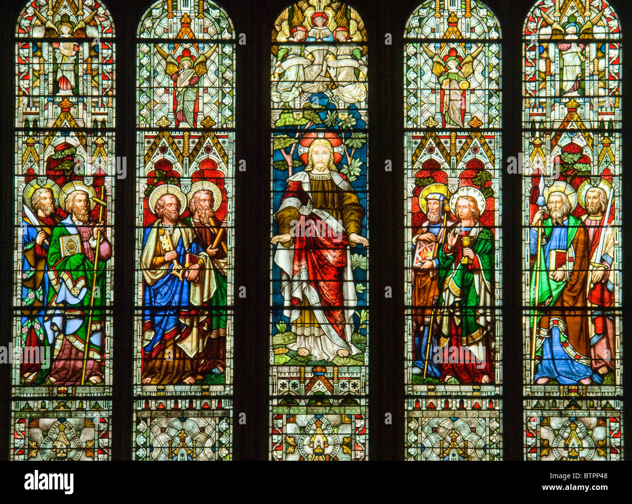 England, North Yorkshire, Ripon Cathedral, Interior stained glass window Stock Photo