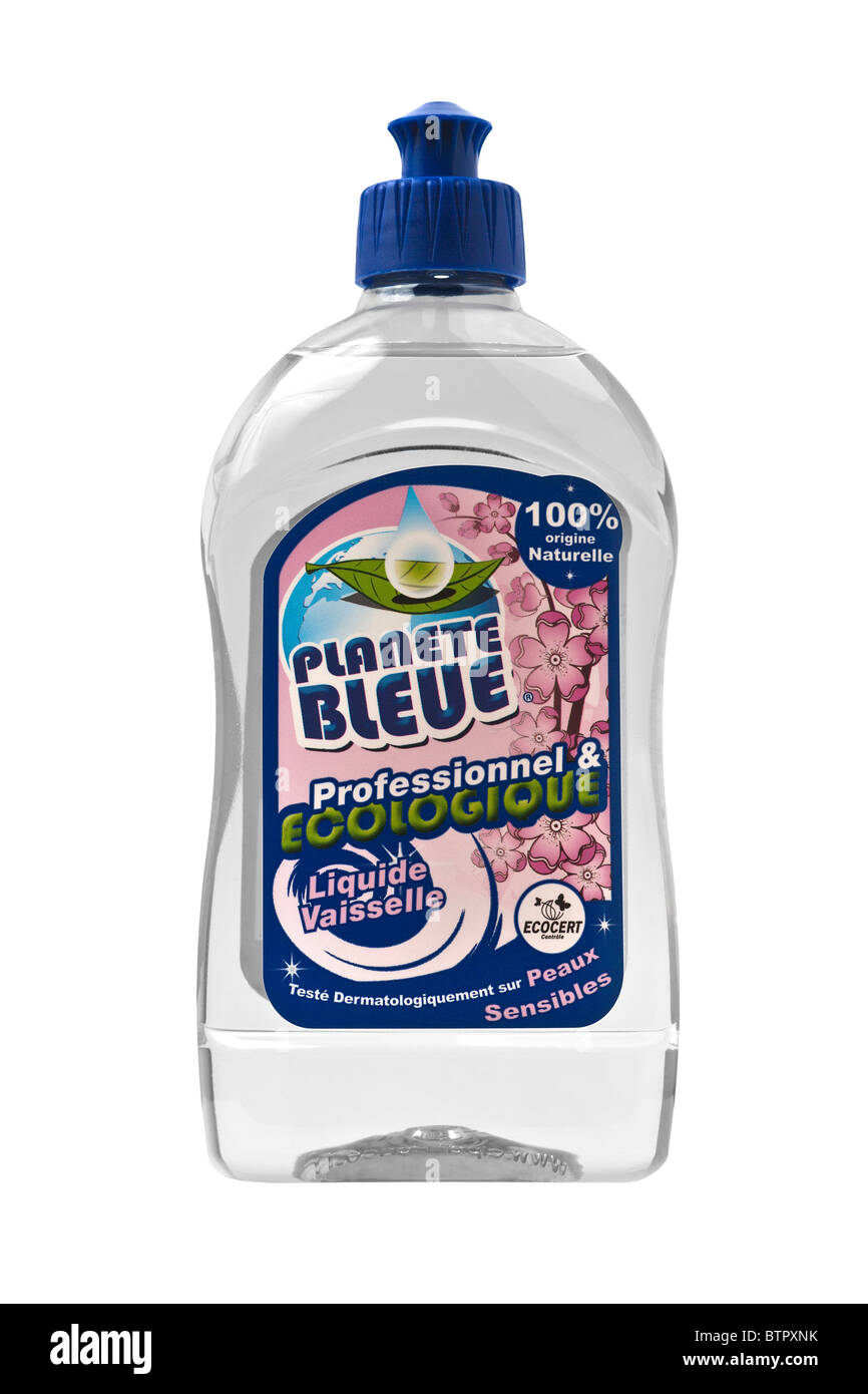 A bottle of an organic washing up liquid photographed on a white background. Flacon de liquide vaisselle écologique. Stock Photo