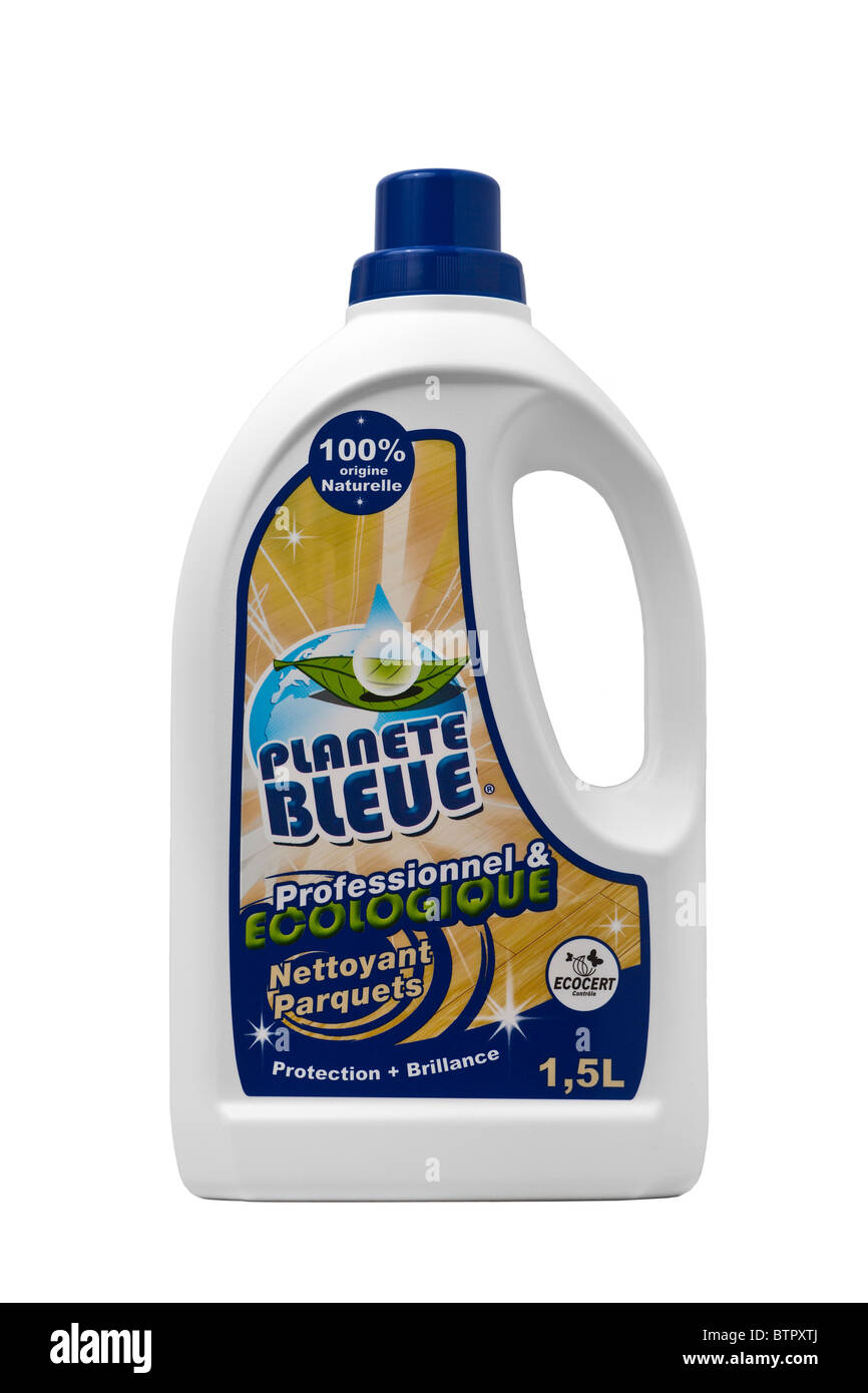 A bottle of an organic cleaning product, photographed on a white background. Flacon de produit ménager écologique sur fond blanc Stock Photo