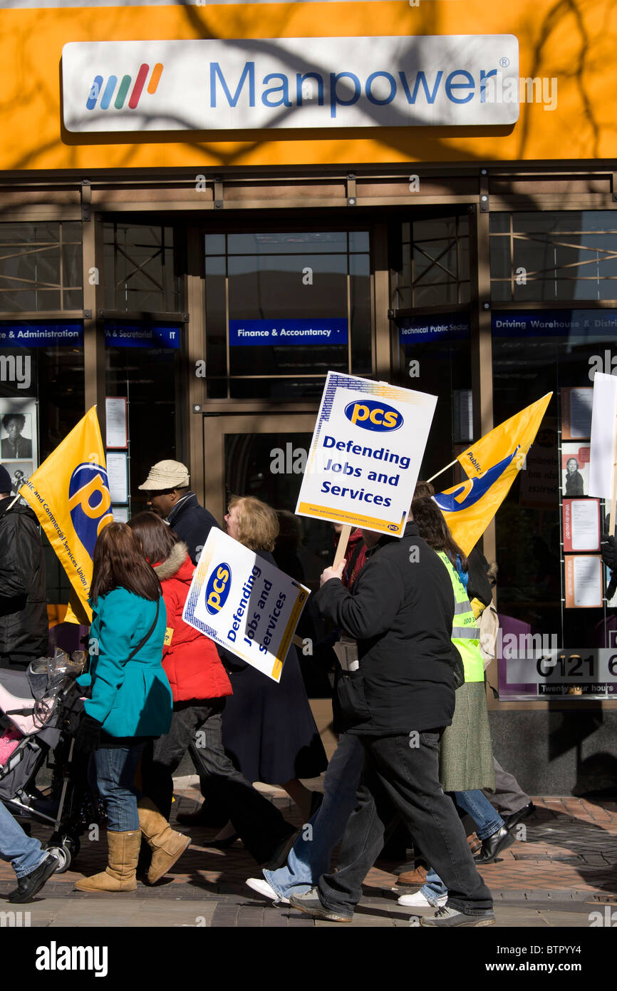 PCS members in Birmingham staged a rally and march to campaign to protect jobs, pay and conditions from government attacks. Stock Photo