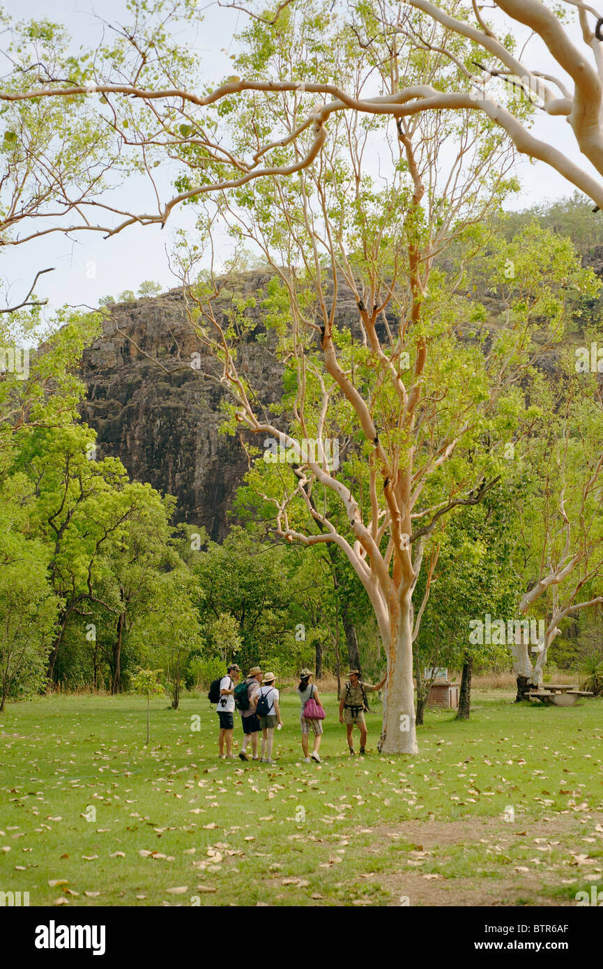Australia, Gunlom, Tourists standing by tree Stock Photo