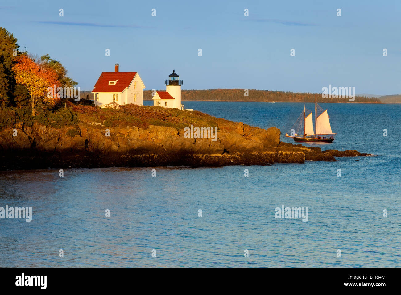 Schooner sailing past Curtis Island Lighthouse in Camden Maine USA Stock Photo