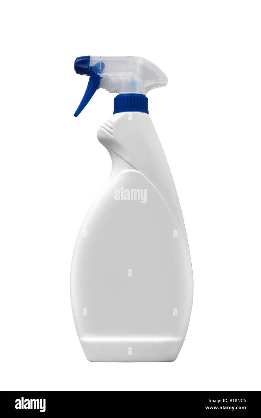 An atomizer spray bottle of cleaning product, photographed on a white background. Flacon de produit ménager en spray. Stock Photo