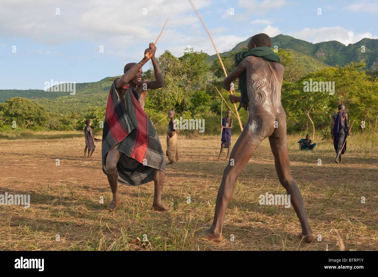 Donga stick fighters, Surma tribe, Tulgit, Omo river valley, Ethiopia Stock Photo