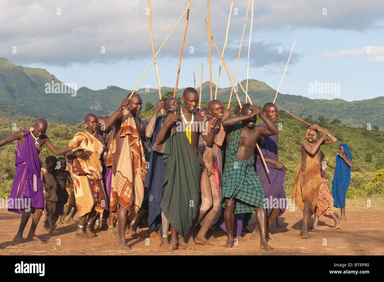 Donga stick fight ceremony, Surma tribe, Tulgit, Omo river valley, Ethiopia Stock Photo