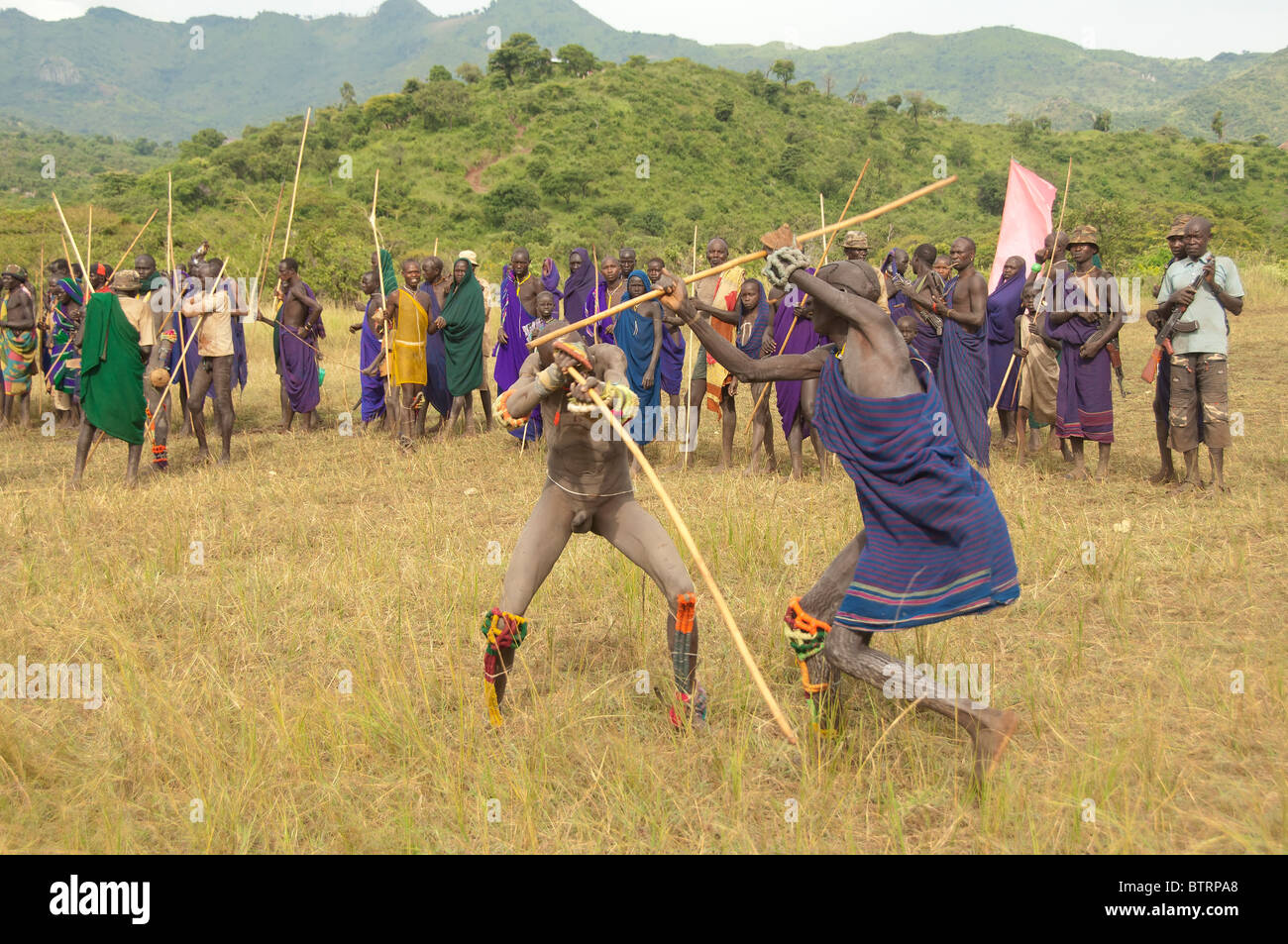 Donga stick fighters, Surma tribe, Tulgit, Omo river valley, Ethiopia Stock Photo