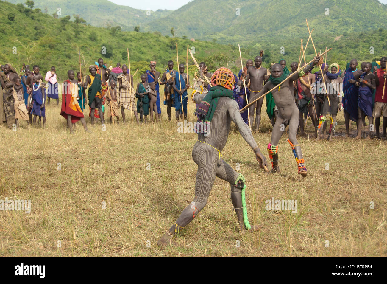 Donga stick fighters, Surma tribe, Tulgit, Omo river valley, Ethiopia Stock Photo