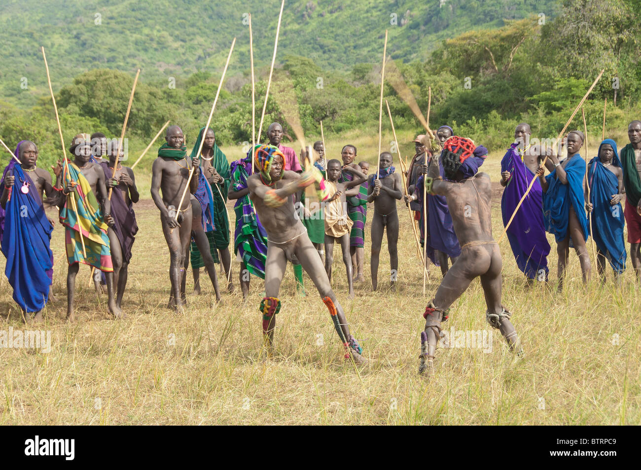 Donga stick fighters, Surma tribe, Tulgit, Omo river valley, Ethiopia Stock Photo