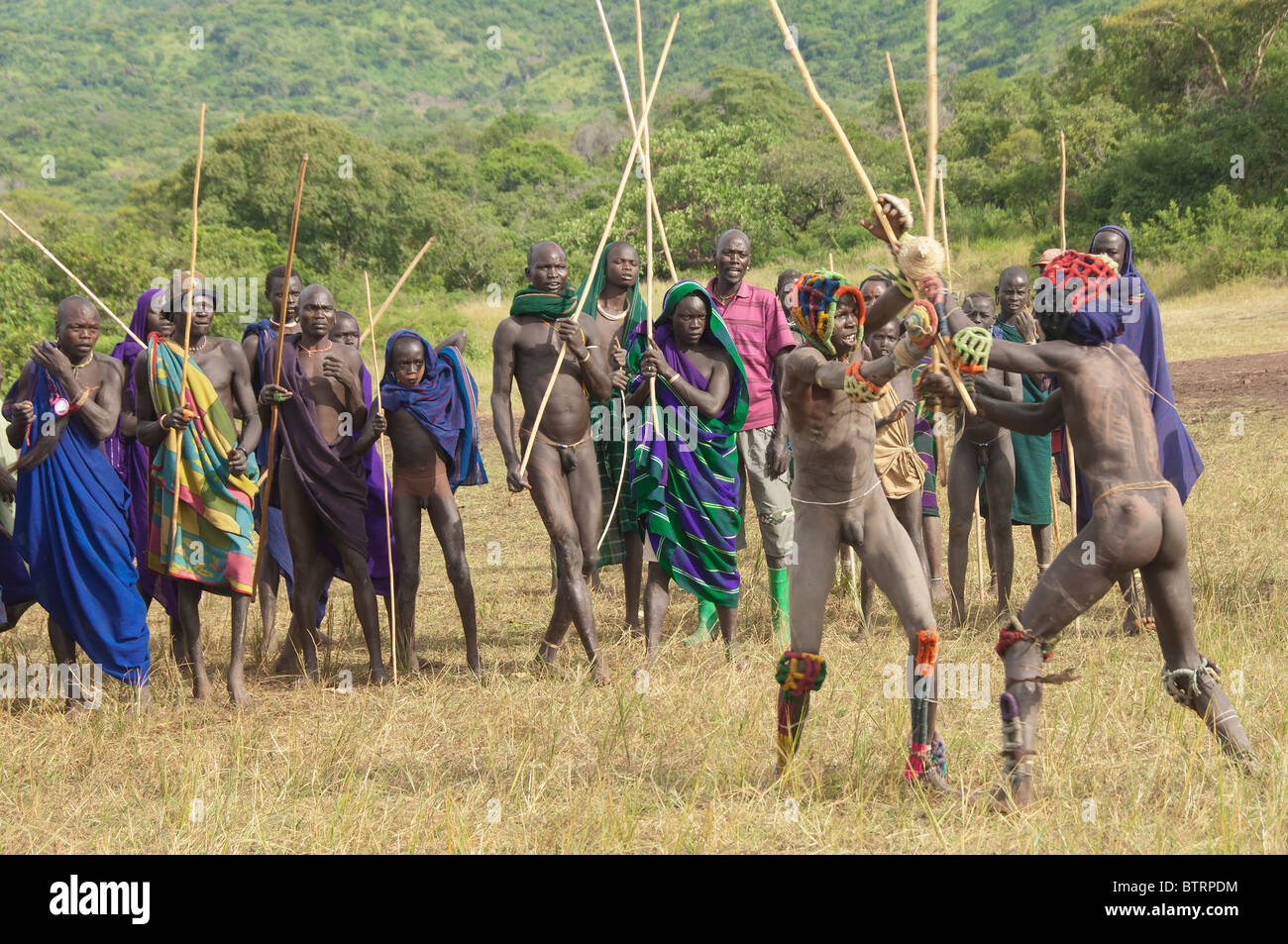 Donga stick fighters, Surma tribe, Tulgit, Omo river valley, Ethiopia Stock Photo