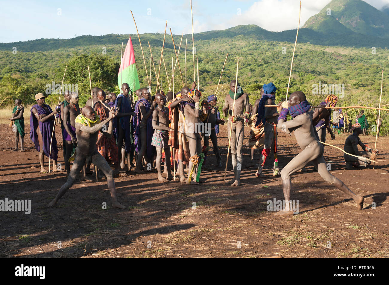 Donga stick fighters, Surma tribe, Tulgit, Omo river valley, Ethiopia Stock Photo