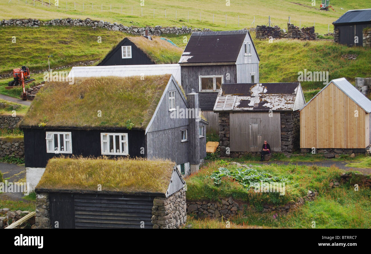 Grass roof houses Mykines Faroe Islands Stock Photo
