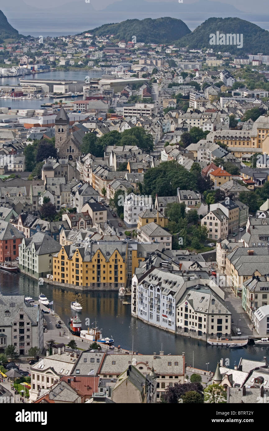 View from Aksla mountain of the town of art nouveau of Alesund and the ...