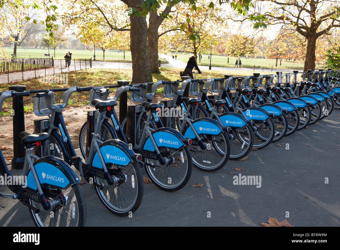 Transport For London's Barclays Cycle Hire docking bay - Hyde Park - London Stock Photo