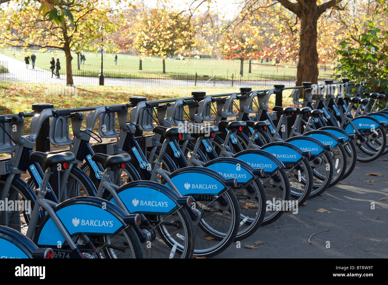 Transport For London's Barclays Cycle Hire docking bay - Hyde Park - London Stock Photo