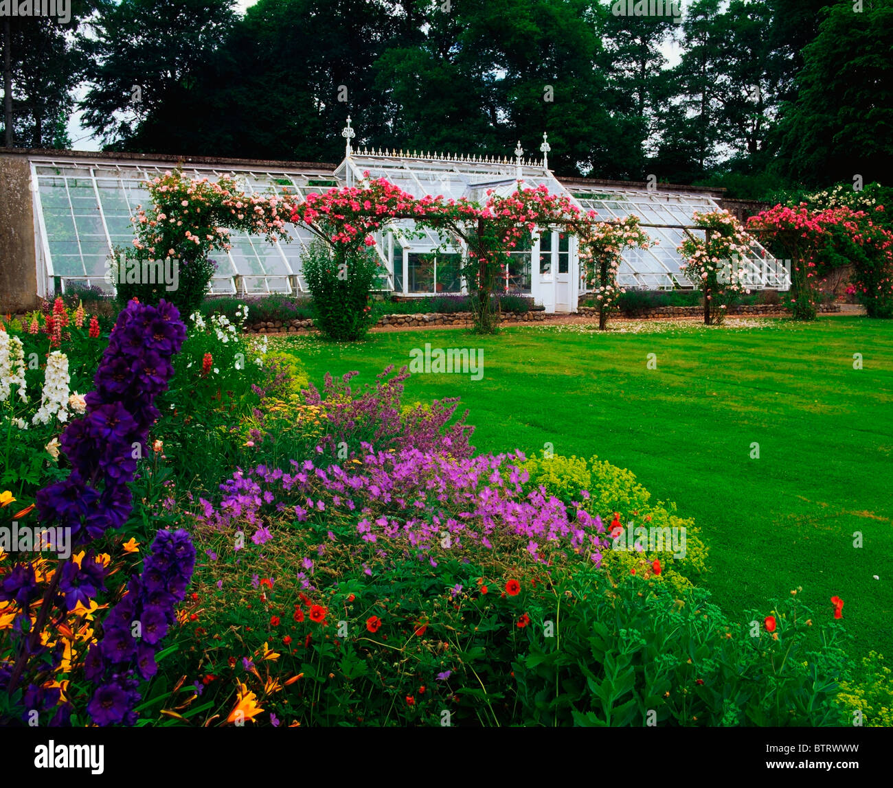 Coolcarrigan, Co Kildare, Ireland; Herbaceous Border, Glasshouse And