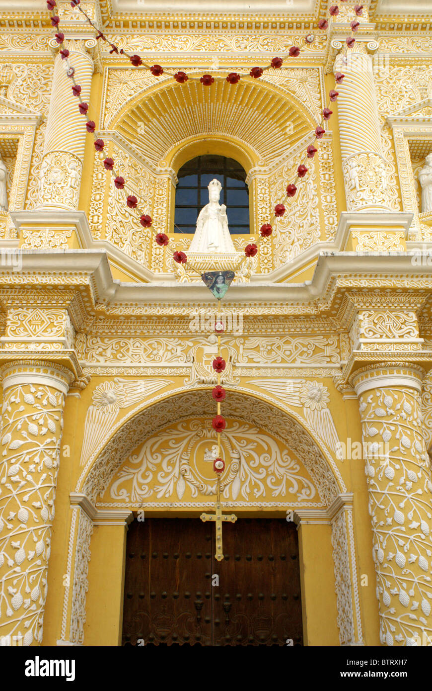 Detail of baroque facade of La Merced Church in Antigua, Guatemala. Antigua is a UNESCO World heritage site. Stock Photo