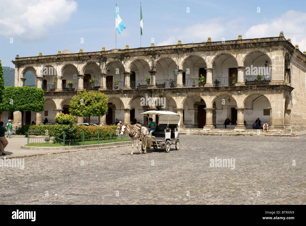 Horse and carriage in front of Palacio de Ayuntamiento or Town Hall facing the Parque Central, Antigua, Guatemala. Stock Photo