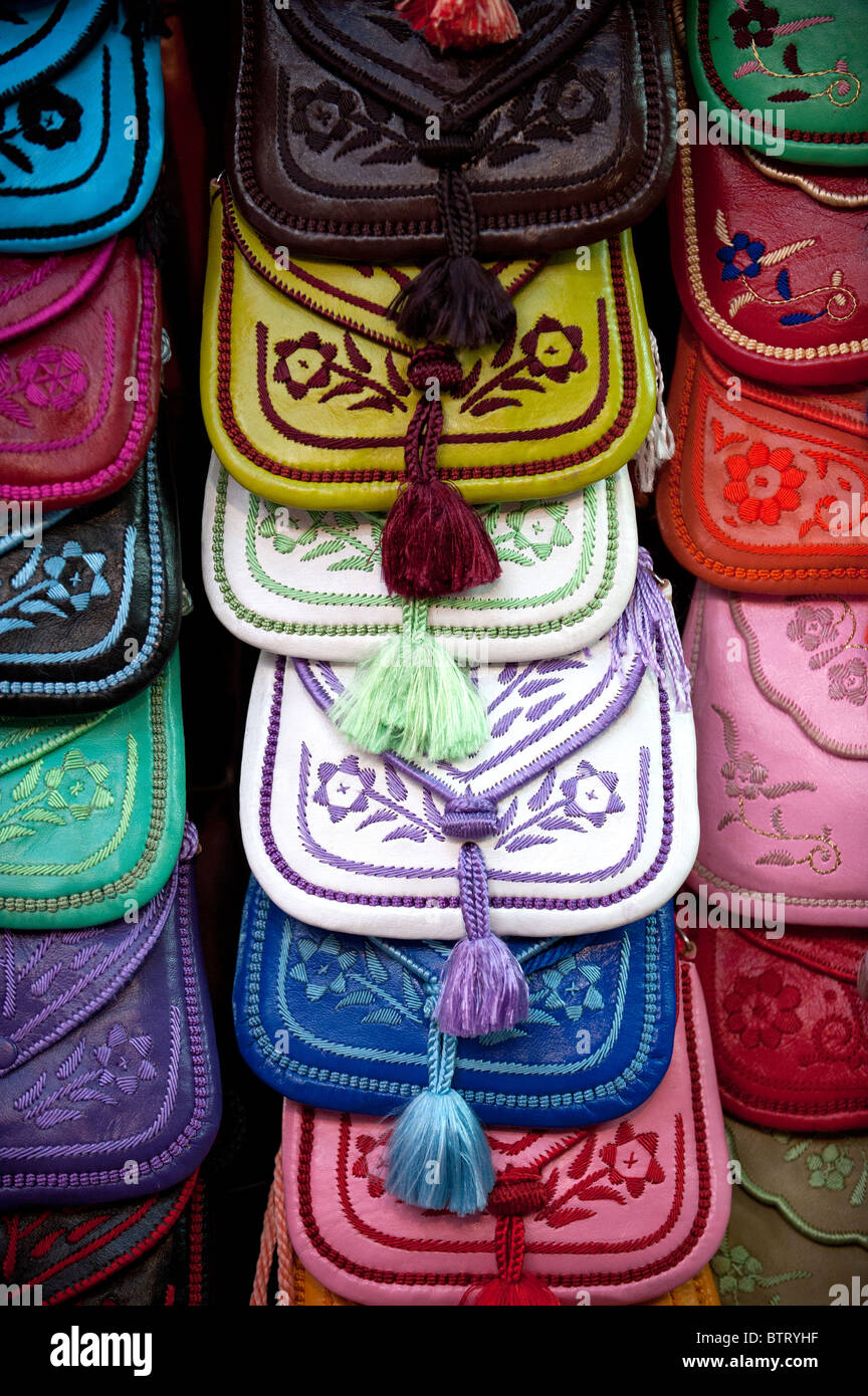 Leather Colourful Bags Stall Marrakech Morocco North Africa Stock Photo