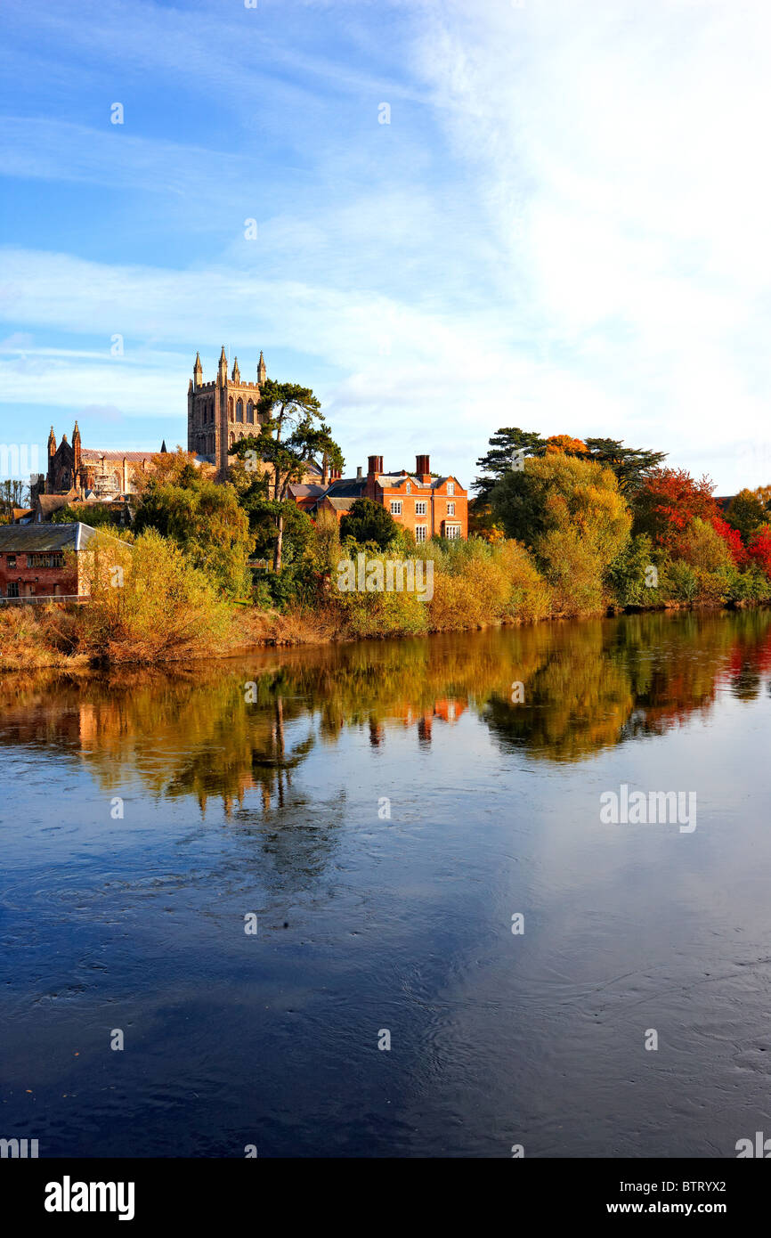 Hereford Cathedral and the River Wye, autumn Stock Photo