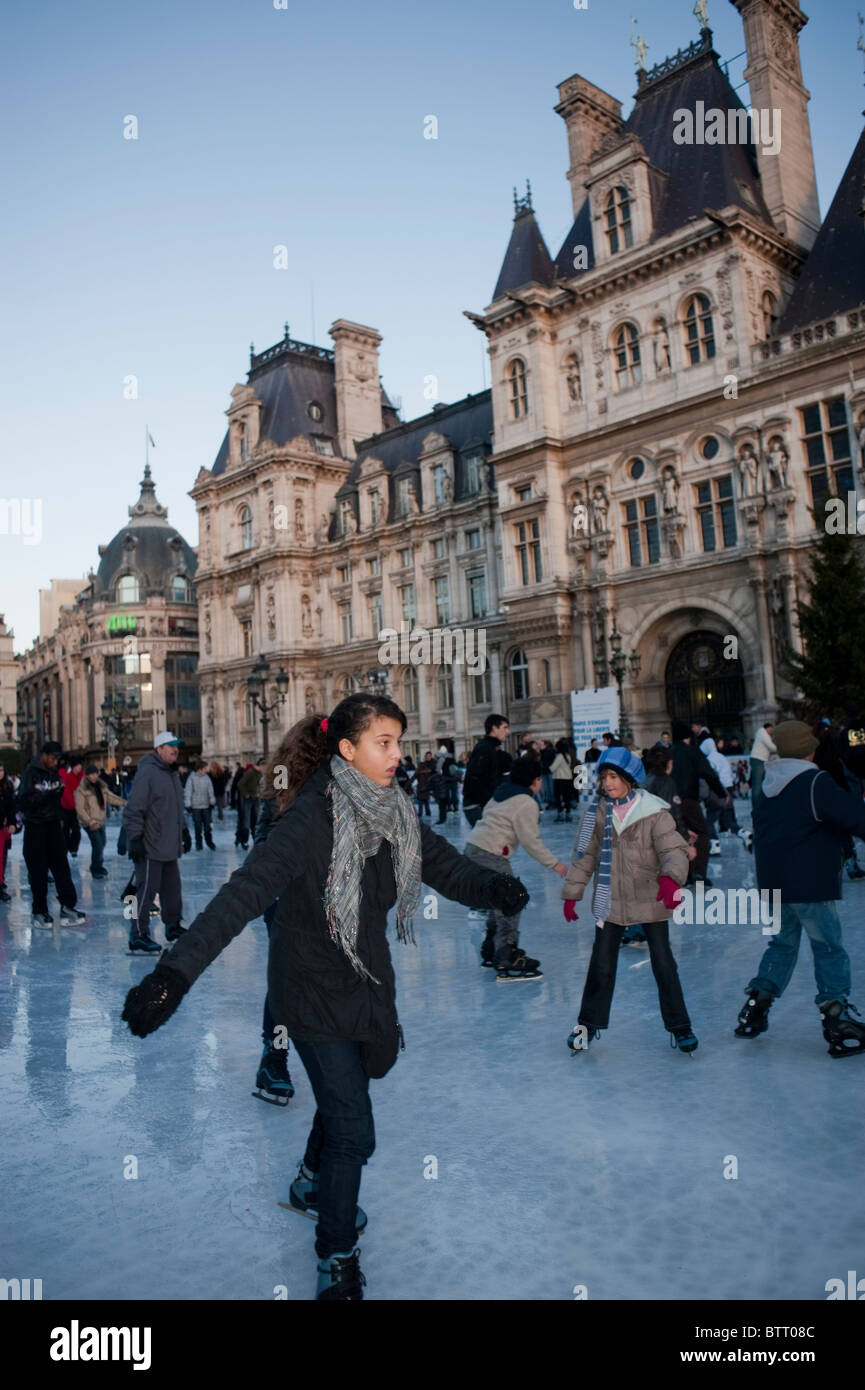 Paris, France, Teenager Ice Skaters on Ice Skating Rink at Paris City