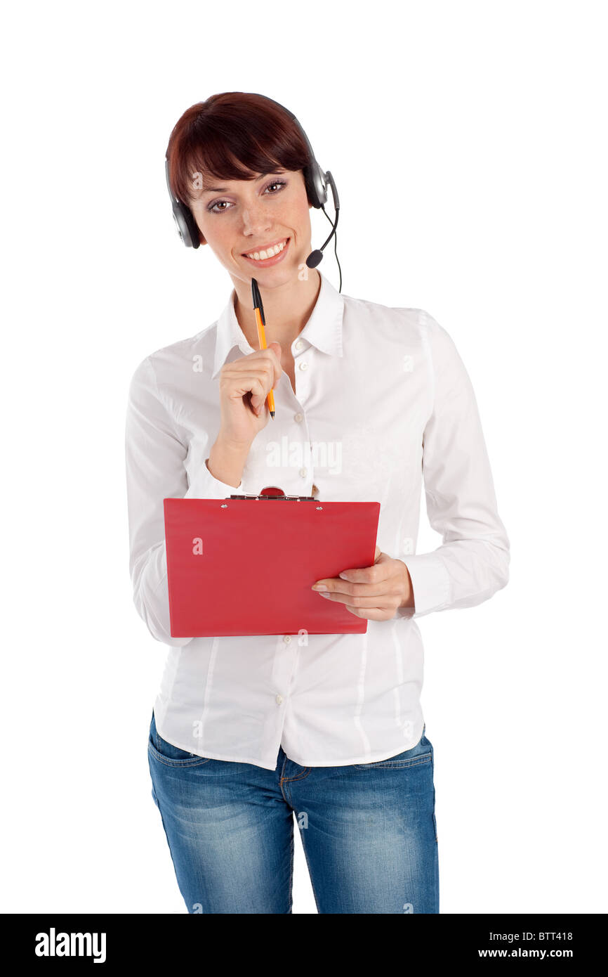 Female customer service representative with headset and clipboard