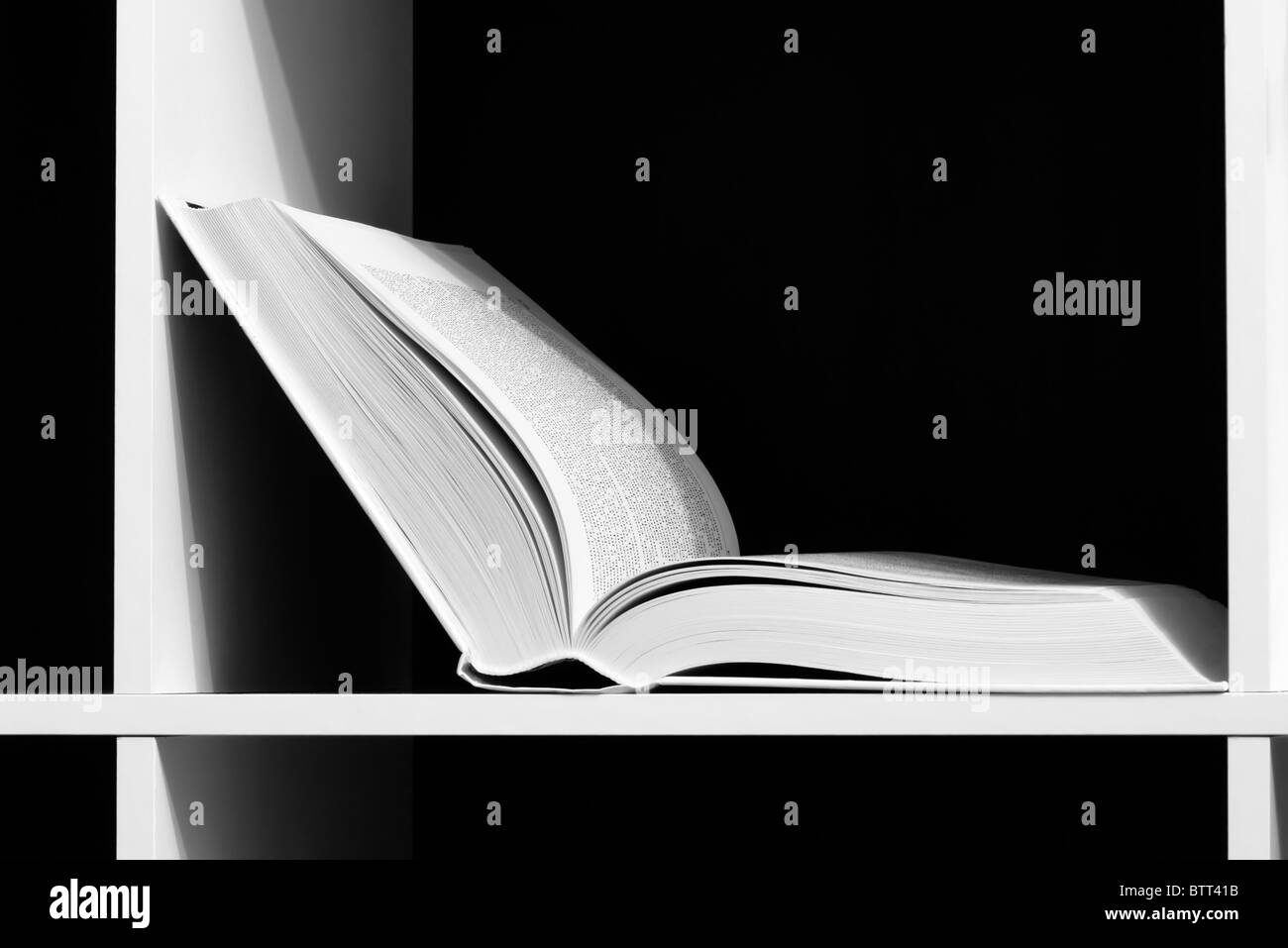Open book on a shelf over dark. WB image Stock Photo