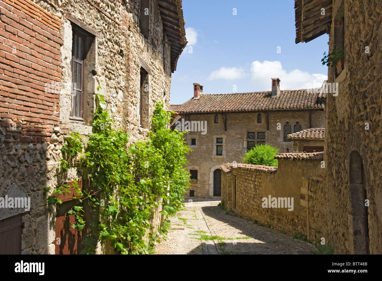 Cobblestone street, Medieval walled town of Perouges, France Stock ...