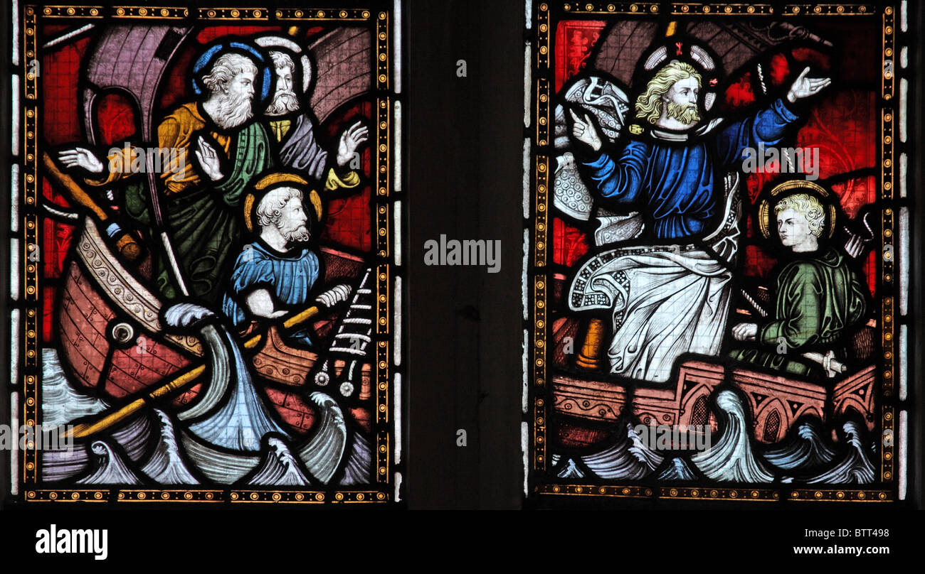 Stained glass window of 1878 by Clayton & Bell depicting Jesus calming the storm on the sea of Galilee; Church of St John the Evangelist, Sutton Veny Stock Photo