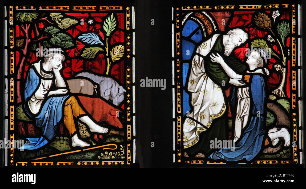 A stained glass window by Clayton and Bell depicting The Return of the Prodigal son, Church of St John the Evangelist, Sutton Veny, Wiltshire Stock Photo