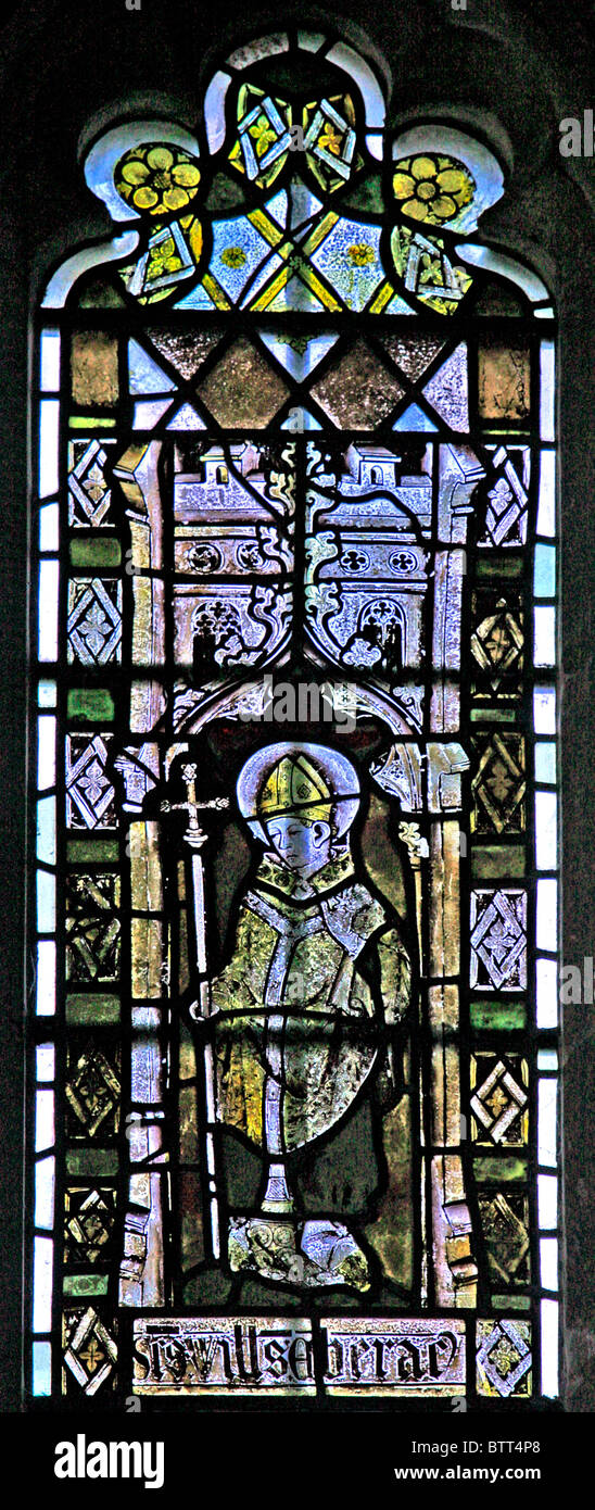 A 14th century stained glass window depicting Saint William of York. St Katherine and All Saints, Edington, Wiltshire. England Stock Photo
