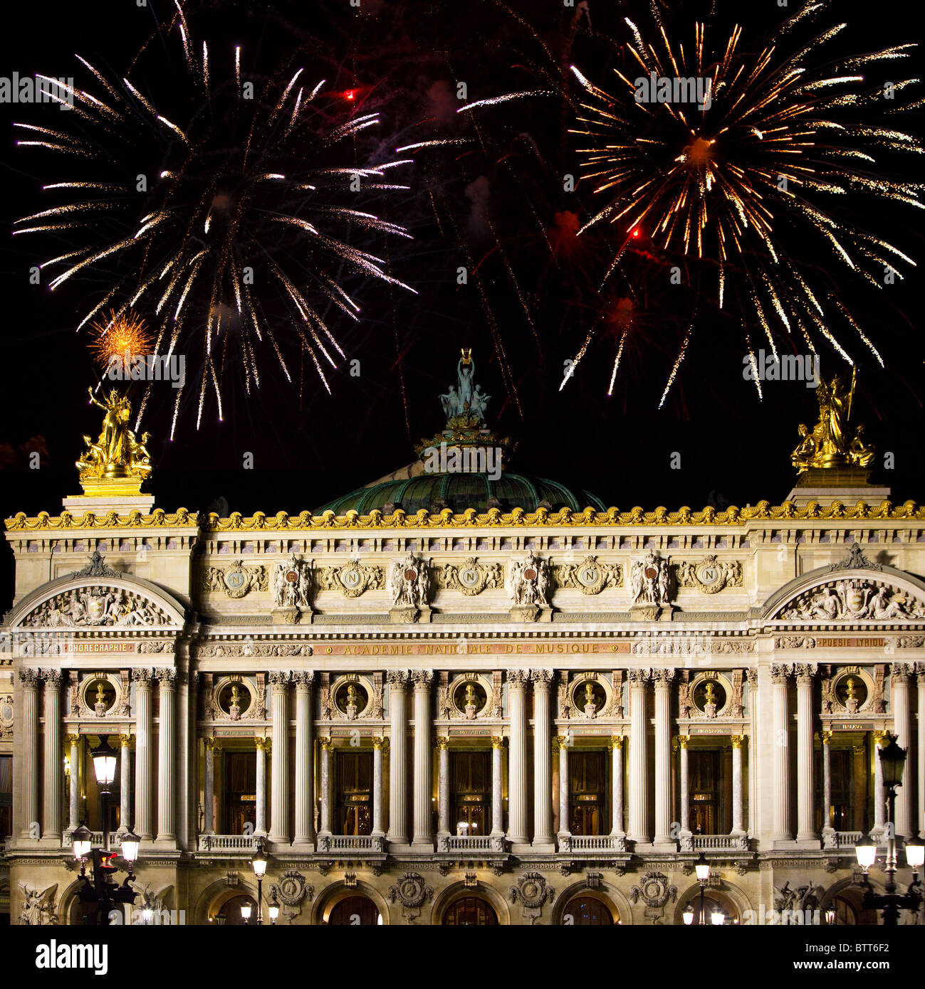 France.Paris.A building the Grand Opera and Christmas fireworks Stock Photo
