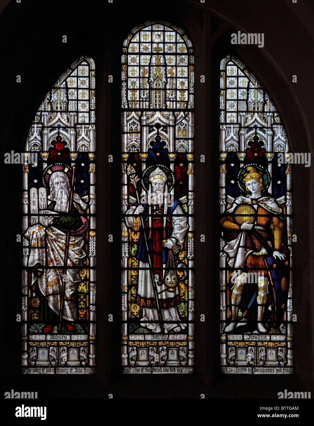 A stained glass window by Clayton & Bell depicting Moses, Aaron and Joshua, Church of St Peter and St Paul, Heytesbury, Warminster, Wiltshire Stock Photo