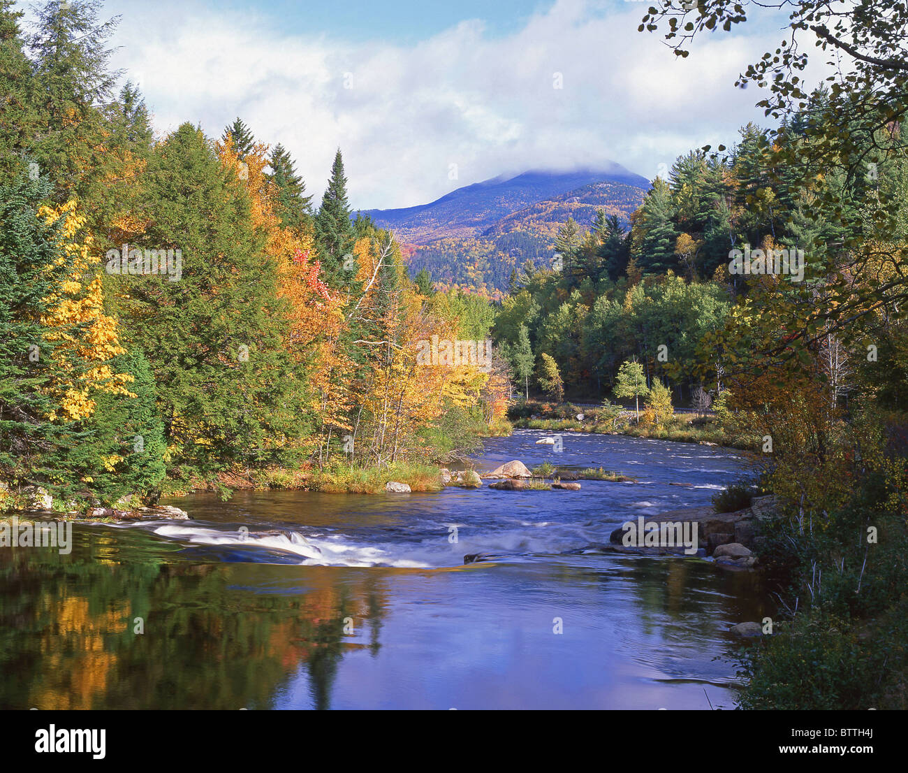 Ausable River and Whiteface Mountain in fall, Adirondack Park, New York ...