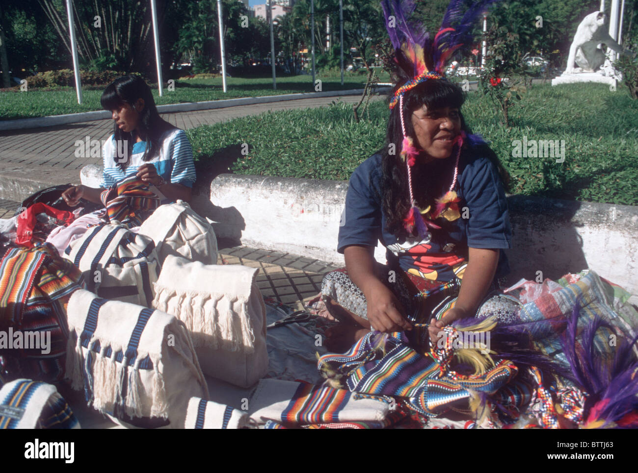 PARAGUAY NATIVE GUARANI INDIANS SELLING SOUVENIRS IN ASUNCION Stock Photo
