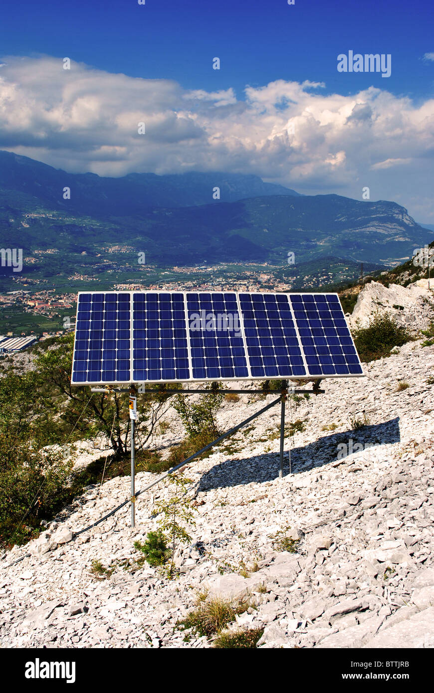 solar panel for electricity production in the high mountains Stock Photo