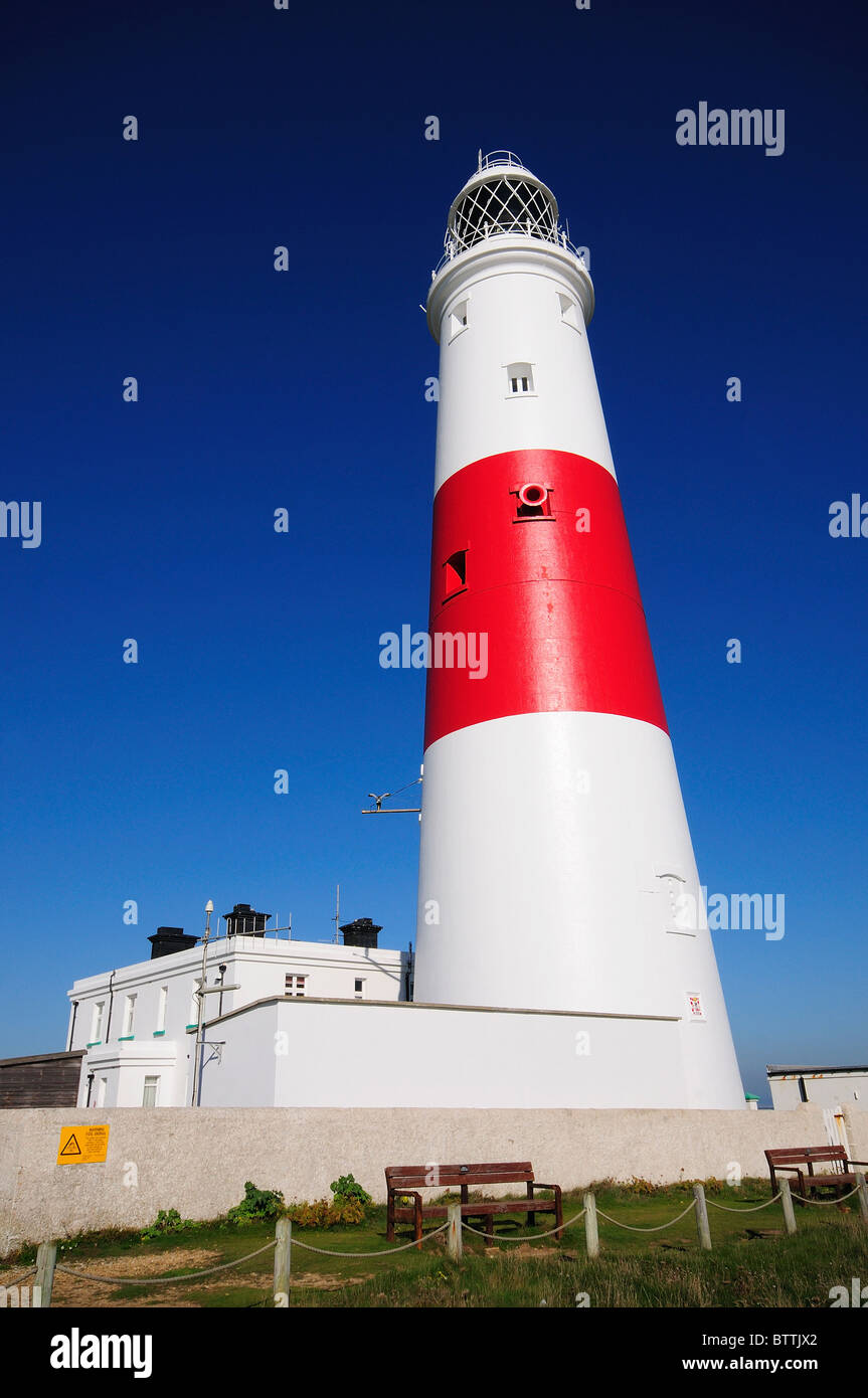 The imposing, tall, red and white Portland Bill lighthouse. Portland, Dorset, UK October 2010 Stock Photo