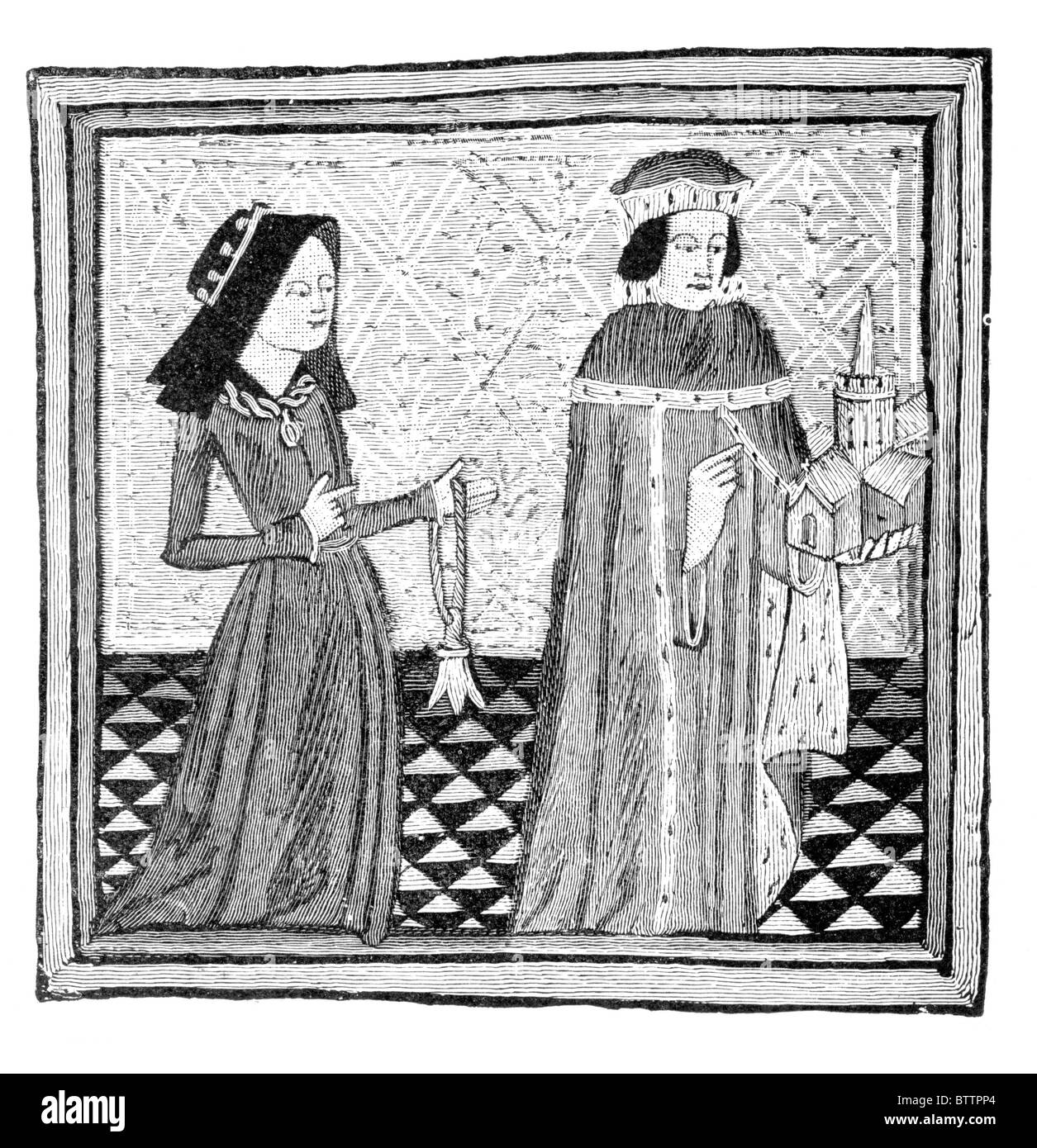Humphry, Duke of Gloucester and Eleanor his wife joining the Confraternity of St Albans, 1431; Black and White Illustration; Stock Photo