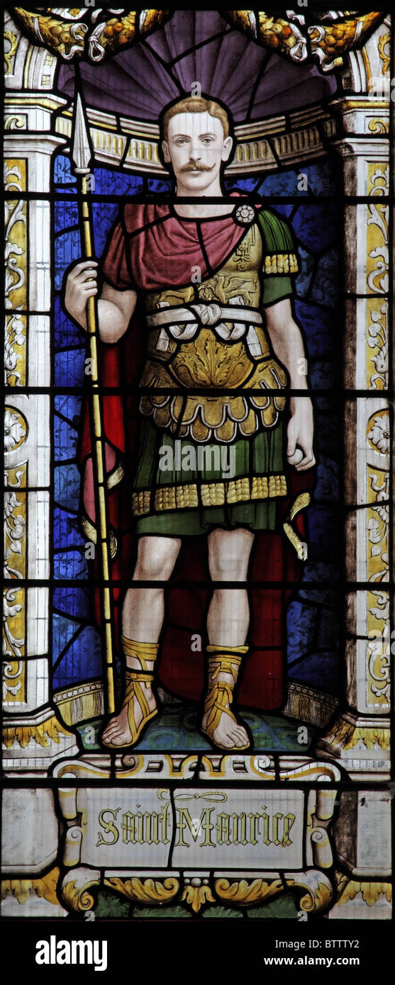 A stained glass window depicting Saint Maurice, Parish Church of St Aldhelm, Bishopstrow, Wiltshire, England Stock Photo