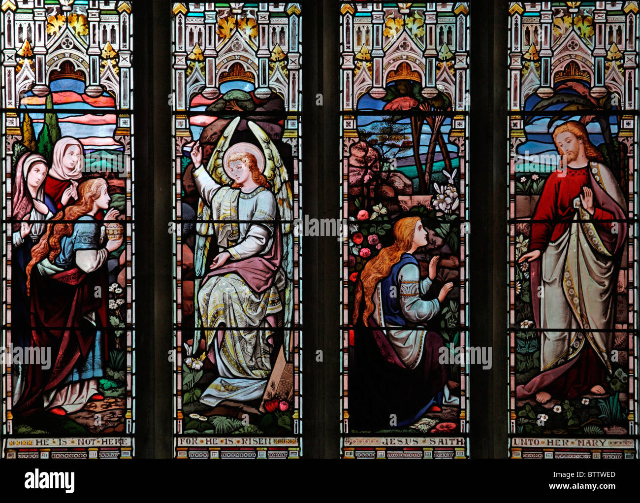 A stained glass window depicting The Resurrection Stories, Parish Church of St Aldhelm, Bishopstrow, Wiltshire, England Stock Photo