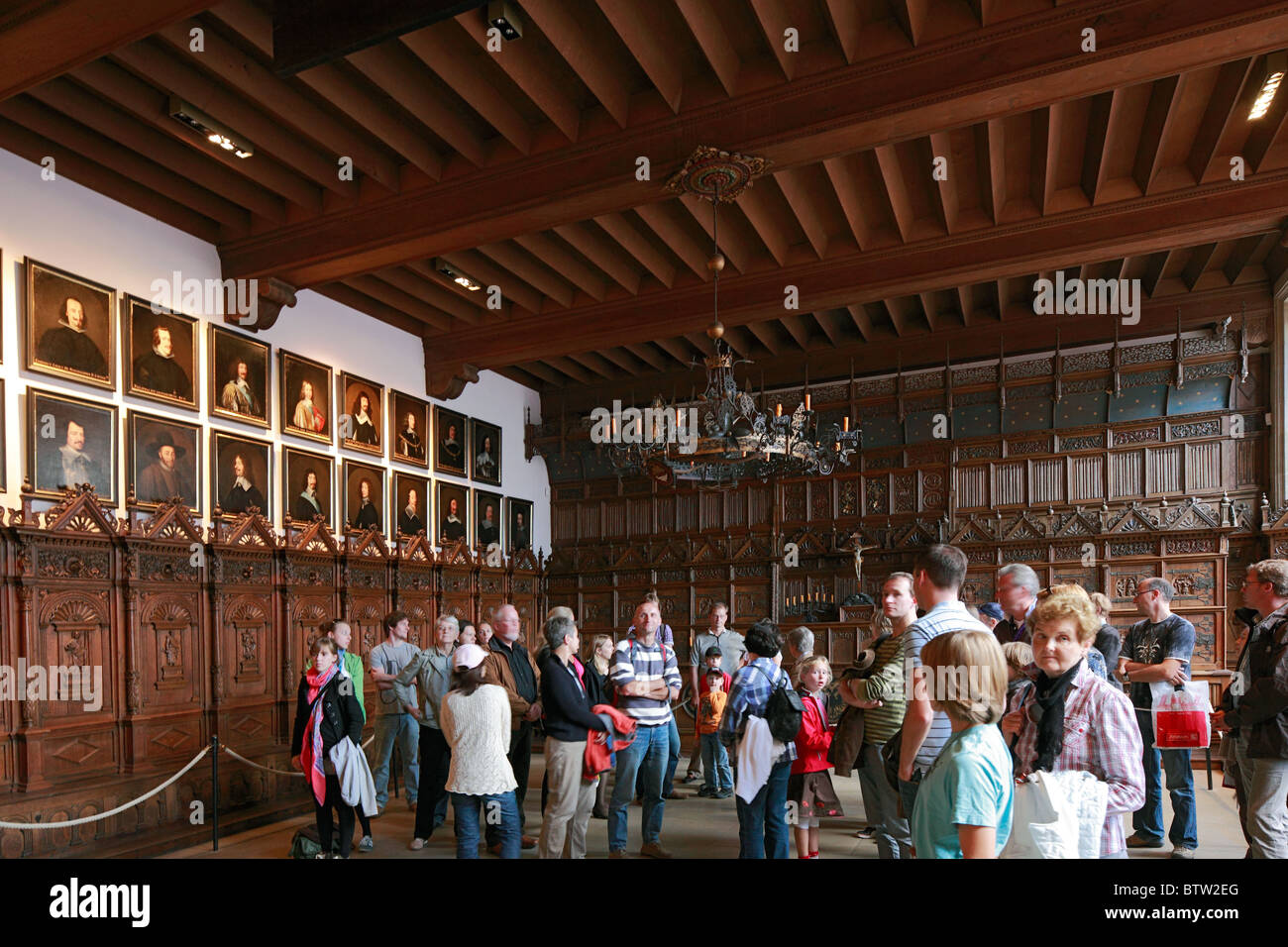 D-Muenster, Westphalia, Muensterland, North Rhine-Westphalia, Hall of Peace in the townhall, Treaty of Westphalia, group of tourists, guided tour Stock Photo