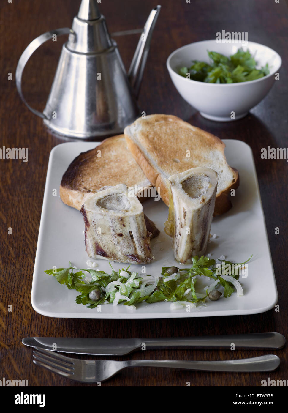 Roast Marrow Bones with Toast and Parsley Stock Photo Alamy