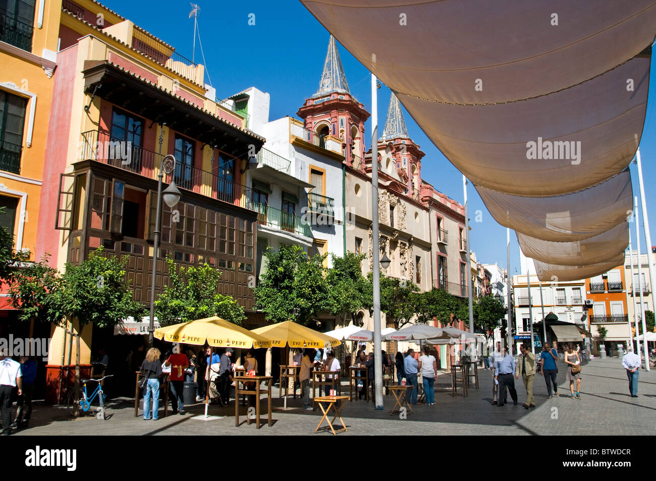 Seville Spain City Bar Pub Pavement  Plaza Del Pan Stock Photo