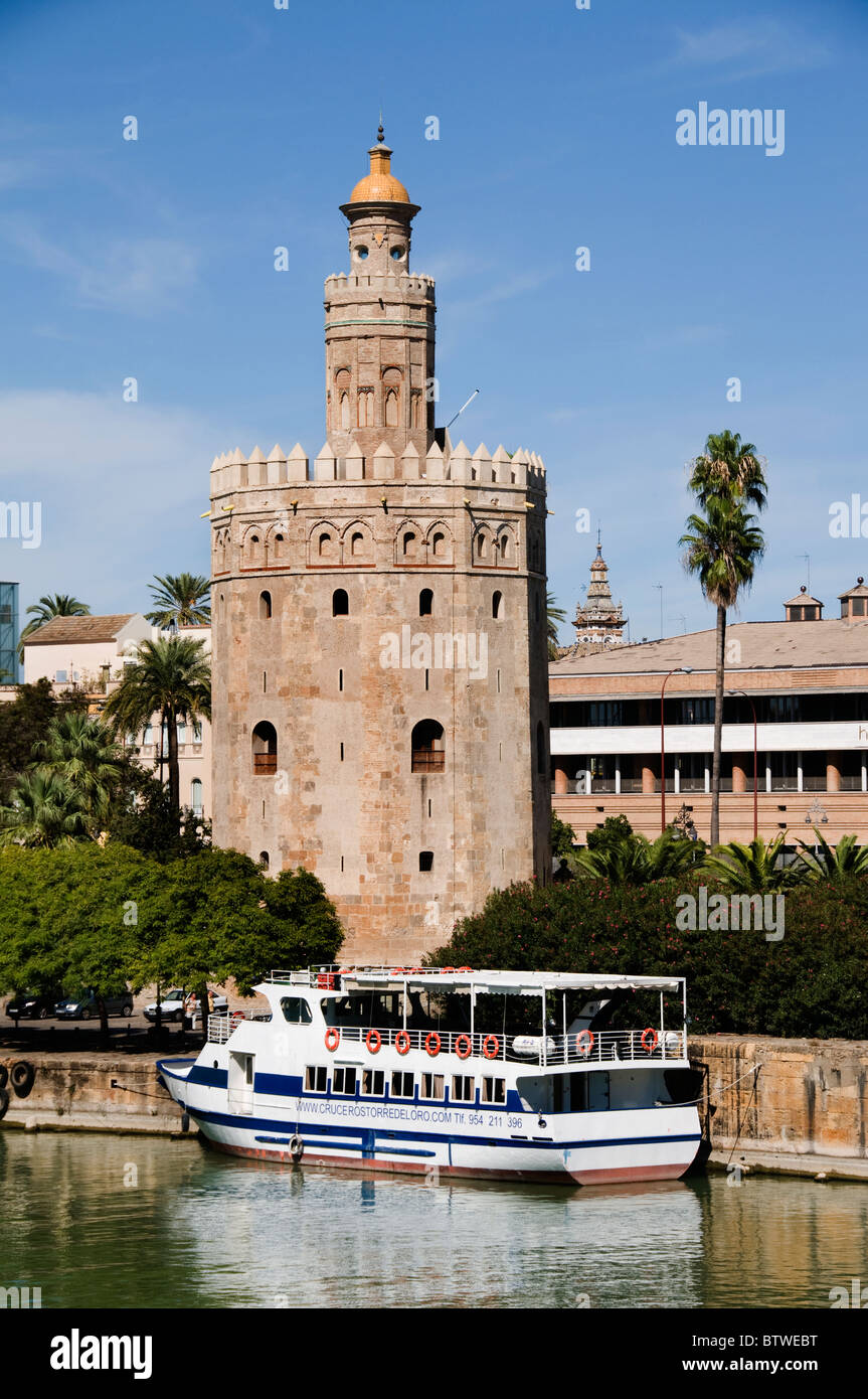 Seville Spain AndalusiaTorre del Oro Golden Moorish Tower River rio Guadalquivir Stock Photo