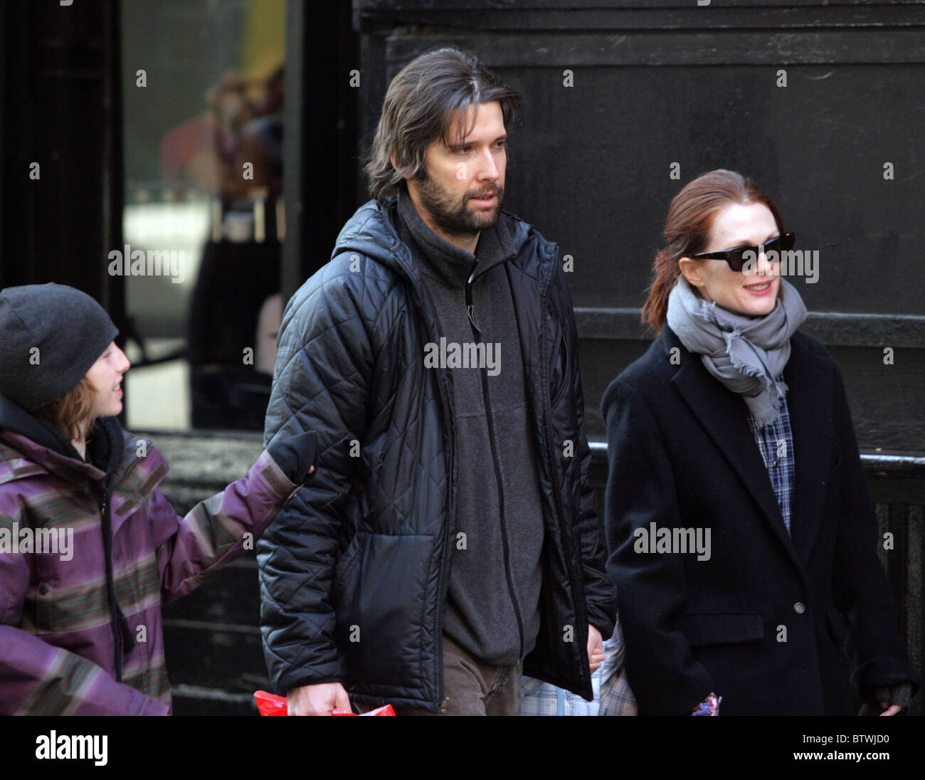 Julianne Moore and Bart Freundlich with Their Children in SOHO Stock Photo
