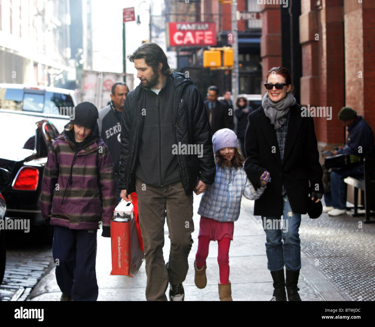 Julianne Moore and Bart Freundlich with Their Children in SOHO Stock Photo