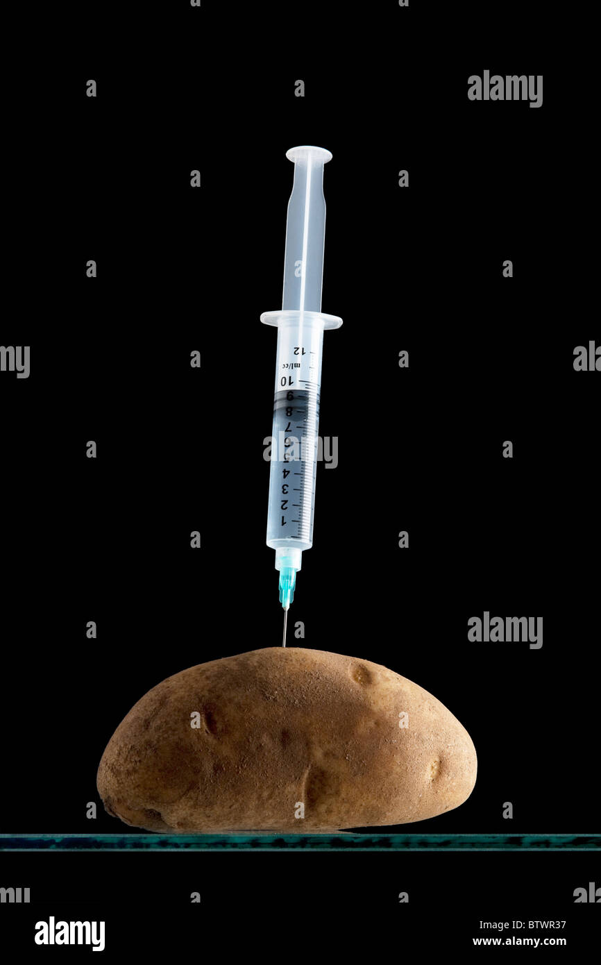 Syringe stuck in a potato against a black background Stock Photo