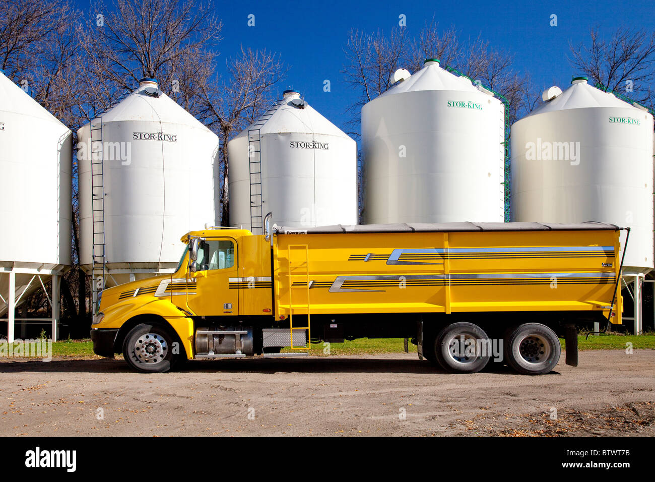Hopper grain bins on the Froese farm near Winkler, Manitoba, Canada