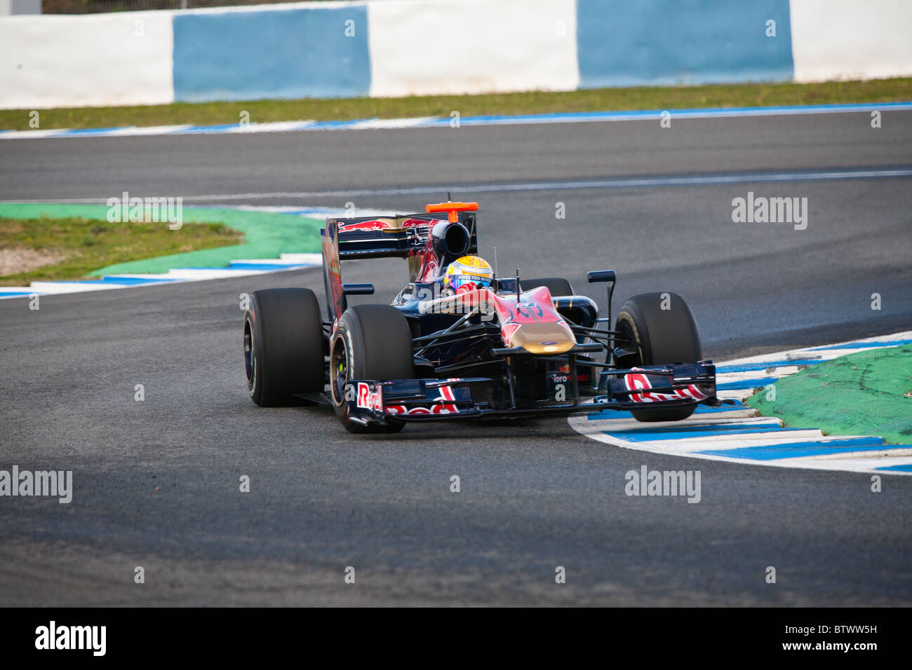 S. Buemi at the 2010 Jerez practice in his Toro Rosso, Formula 1 car, leaving the chicane. Stock Photo